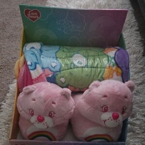 Care Bears Pink Slippers and Rainbow Blanket Set